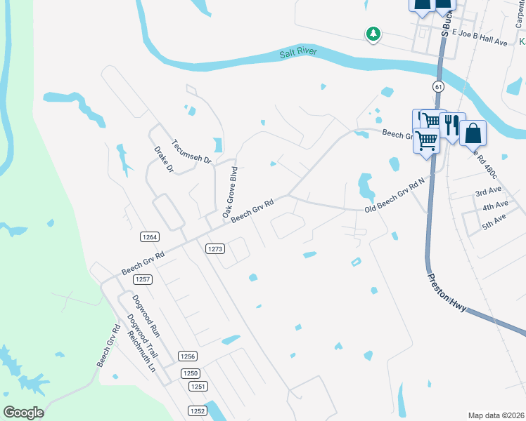 map of restaurants, bars, coffee shops, grocery stores, and more near 711 Beech Grove Road in Shepherdsville