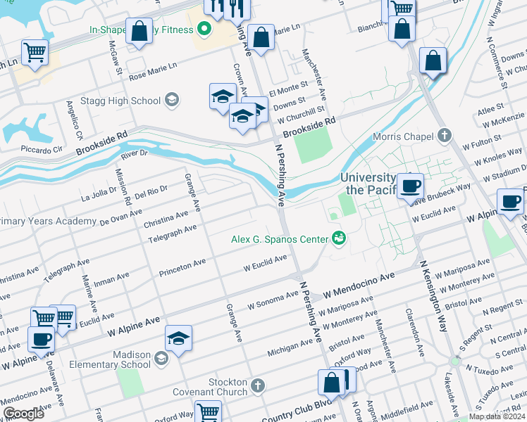 map of restaurants, bars, coffee shops, grocery stores, and more near 1426 Telegraph Avenue in Stockton
