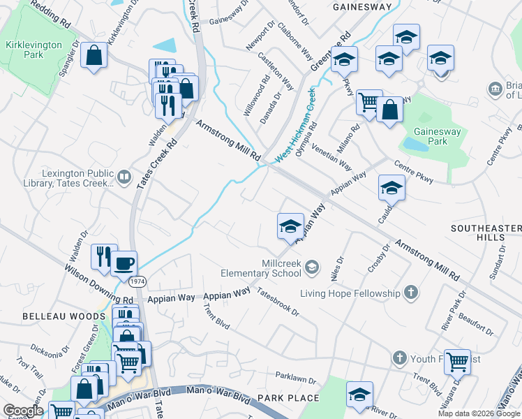 map of restaurants, bars, coffee shops, grocery stores, and more near 1036 Millcreek Court in Lexington