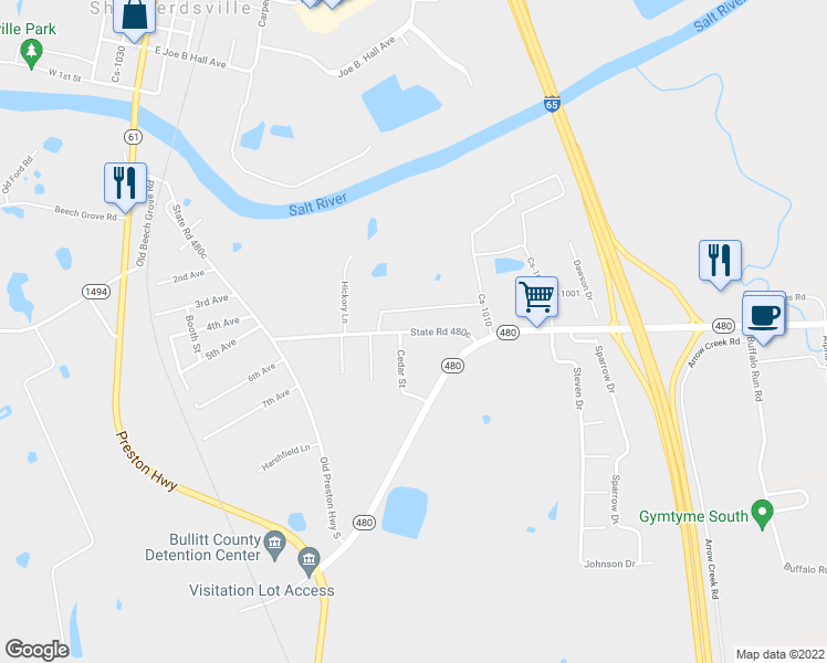 map of restaurants, bars, coffee shops, grocery stores, and more near 635 Cedar Grove Road in Shepherdsville
