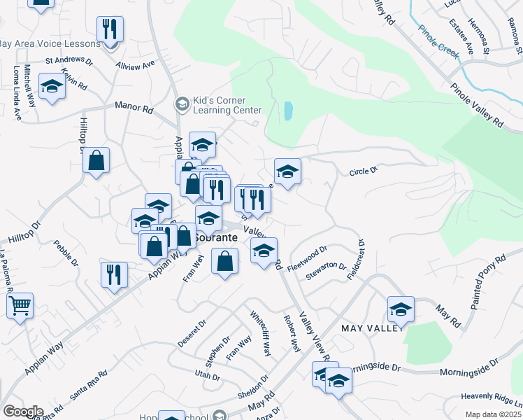 map of restaurants, bars, coffee shops, grocery stores, and more near 307 Ash Lane in El Sobrante