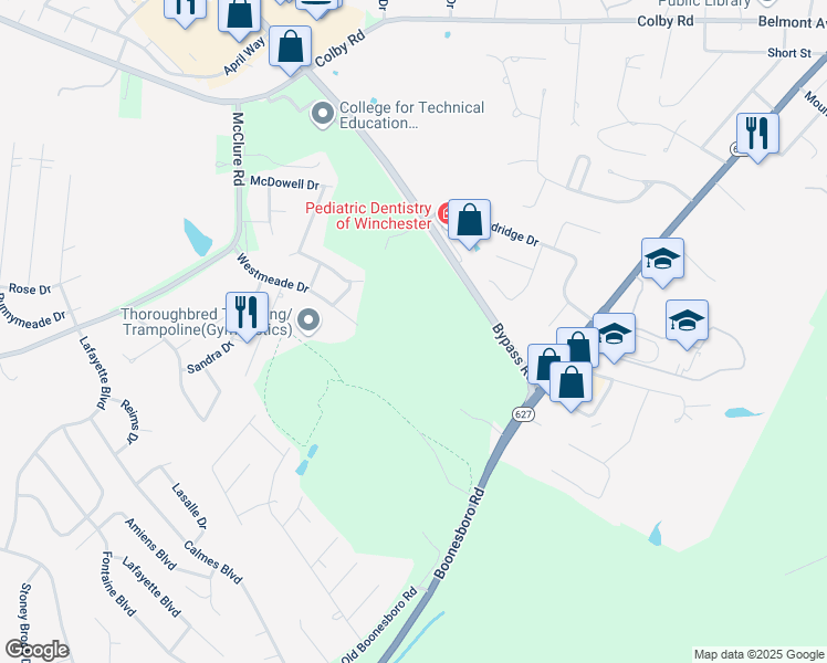 map of restaurants, bars, coffee shops, grocery stores, and more near 634 Westmeade Drive in Winchester