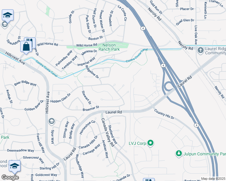 map of restaurants, bars, coffee shops, grocery stores, and more near 4636 Hidden Glen Drive in Antioch