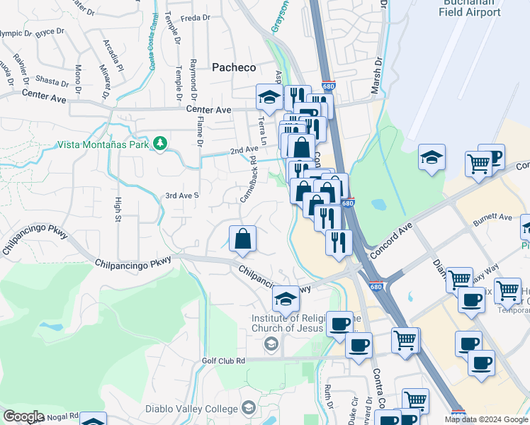 map of restaurants, bars, coffee shops, grocery stores, and more near 519 Camelback Road in Pleasant Hill