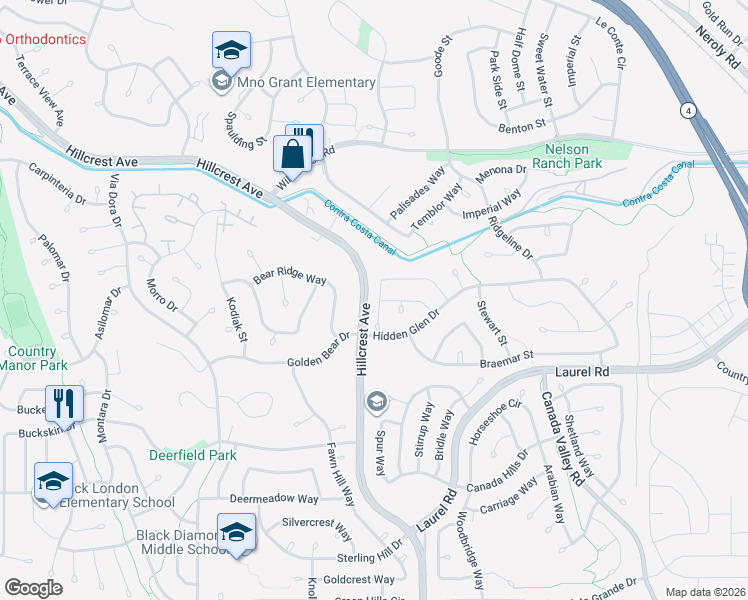 map of restaurants, bars, coffee shops, grocery stores, and more near 4499 Piper Way in Antioch