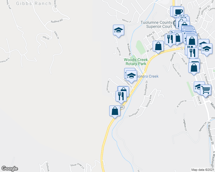 map of restaurants, bars, coffee shops, grocery stores, and more near 250 Woodside Drive in Sonora