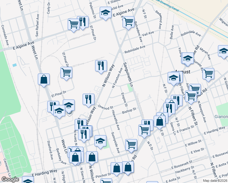 map of restaurants, bars, coffee shops, grocery stores, and more near 2130 N Funston Ave in Stockton