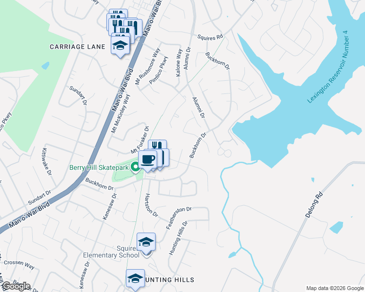 map of restaurants, bars, coffee shops, grocery stores, and more near 1301 Little Pigeon Court in Lexington