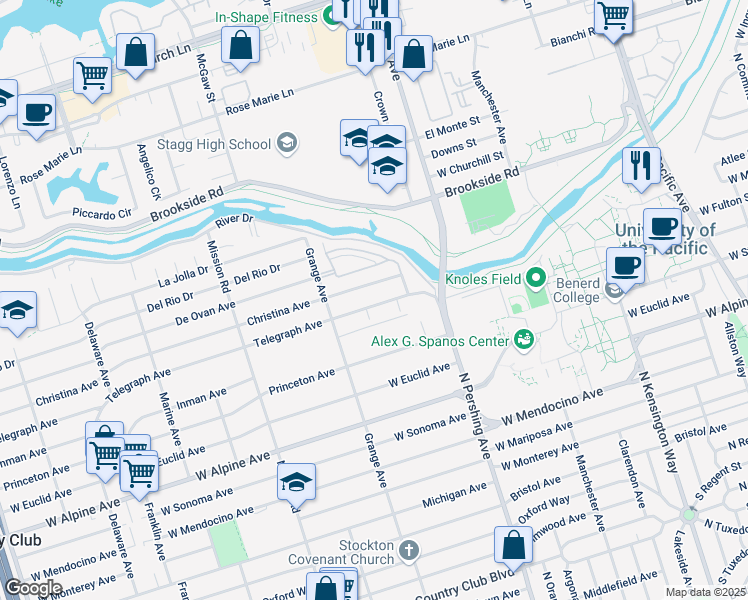 map of restaurants, bars, coffee shops, grocery stores, and more near 1515 Telegraph Avenue in Stockton