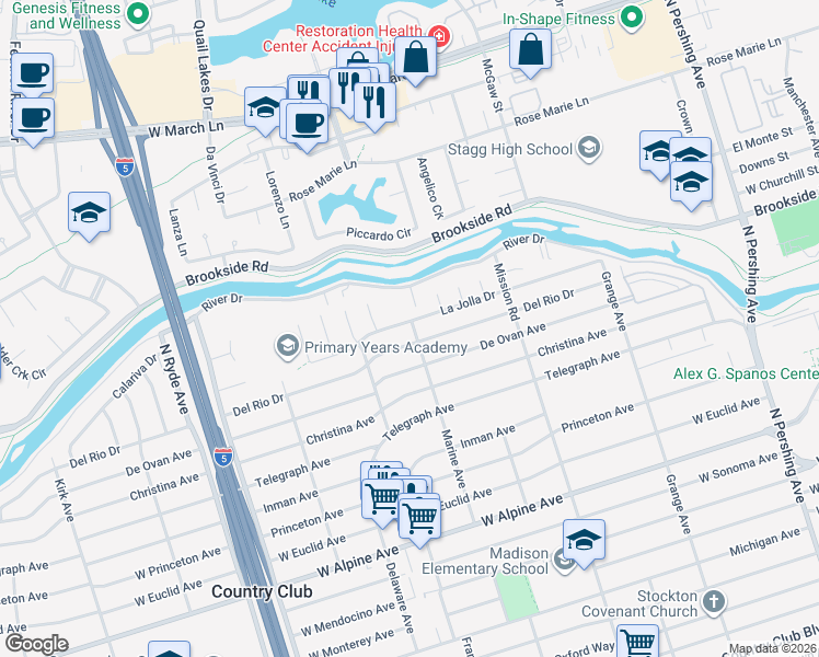 map of restaurants, bars, coffee shops, grocery stores, and more near 3911 Marine Avenue in Stockton