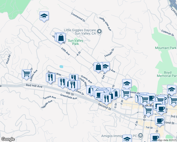 map of restaurants, bars, coffee shops, grocery stores, and more near 1971 Fifth Avenue in San Rafael