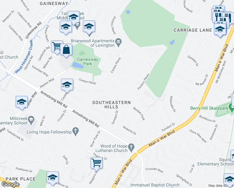 map of restaurants, bars, coffee shops, grocery stores, and more near 3500 Sundart Drive in Lexington