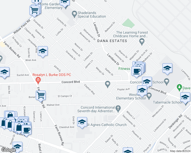 map of restaurants, bars, coffee shops, grocery stores, and more near 1780 Granada Drive in Concord