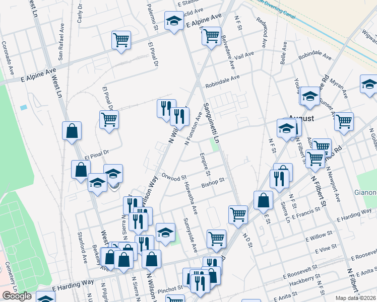 map of restaurants, bars, coffee shops, grocery stores, and more near 2130 North Funston Avenue in Stockton