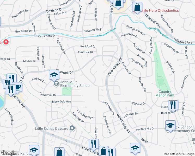map of restaurants, bars, coffee shops, grocery stores, and more near 4221 Limestone Drive in Antioch