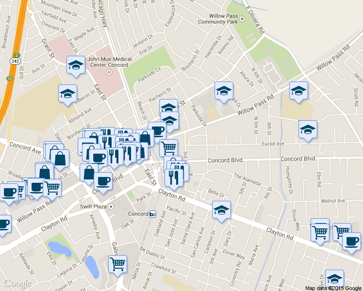 map of restaurants, bars, coffee shops, grocery stores, and more near 1863 3rd Street in Concord