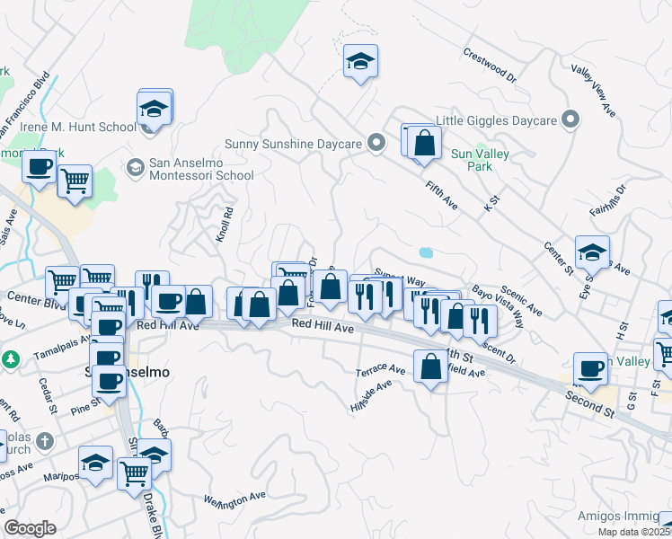 map of restaurants, bars, coffee shops, grocery stores, and more near 46 Forbes Avenue in San Anselmo