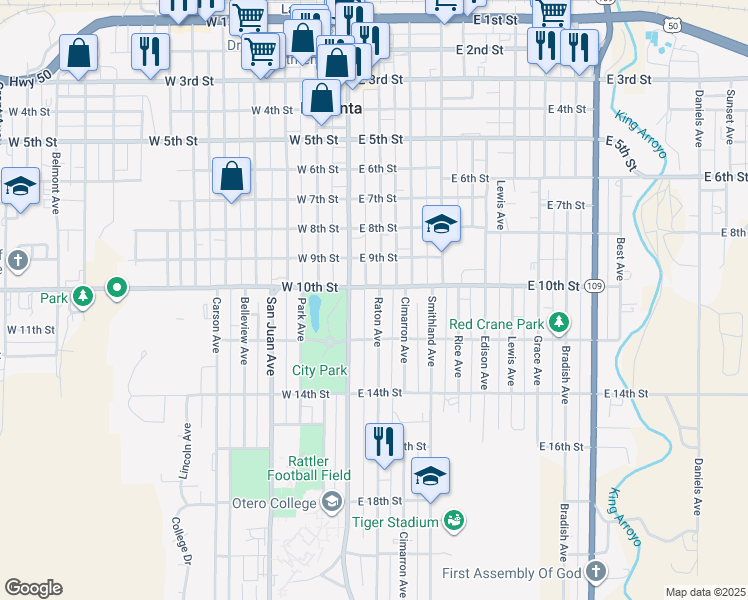 map of restaurants, bars, coffee shops, grocery stores, and more near 1008 Raton Avenue in La Junta