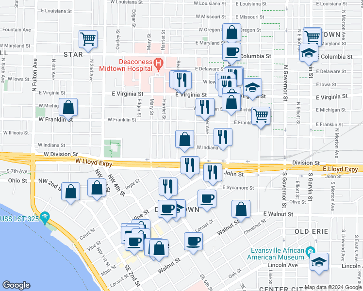 map of restaurants, bars, coffee shops, grocery stores, and more near 101 Read Street in Evansville