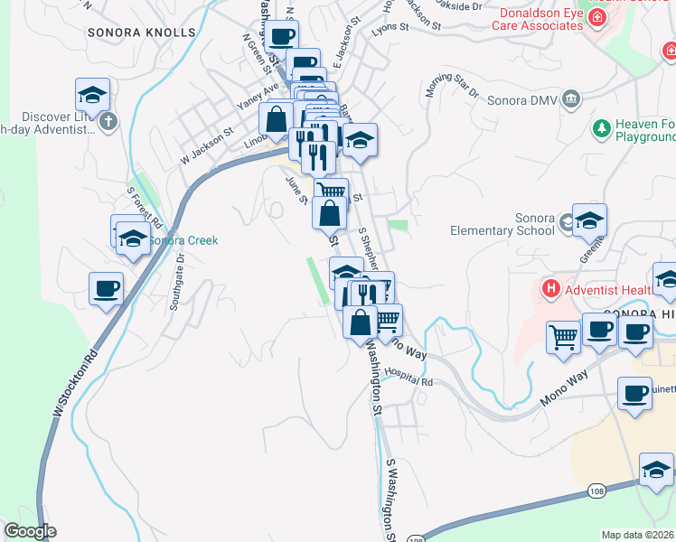 map of restaurants, bars, coffee shops, grocery stores, and more near 494 South Washington Street in Sonora