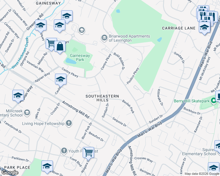 map of restaurants, bars, coffee shops, grocery stores, and more near 3500 Sundart Drive in Lexington