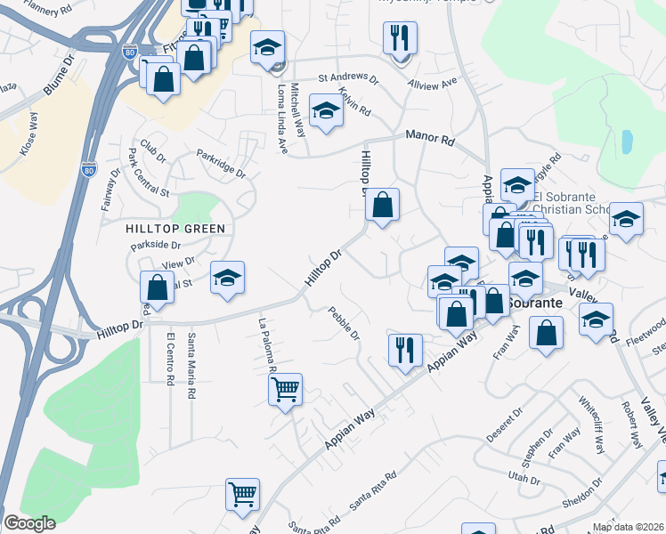 map of restaurants, bars, coffee shops, grocery stores, and more near 4800 Hilltop Drive in El Sobrante