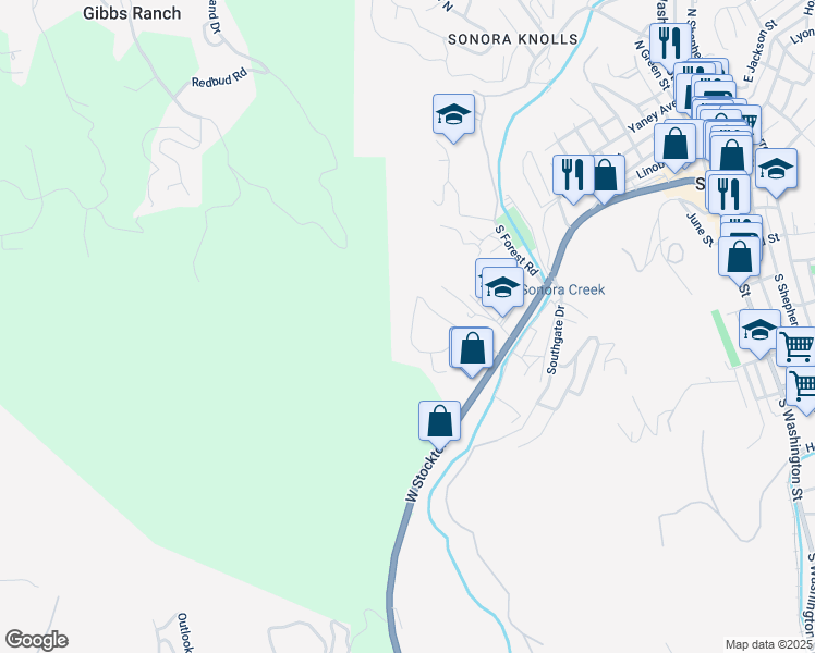 map of restaurants, bars, coffee shops, grocery stores, and more near 234 Woodside Drive in Sonora