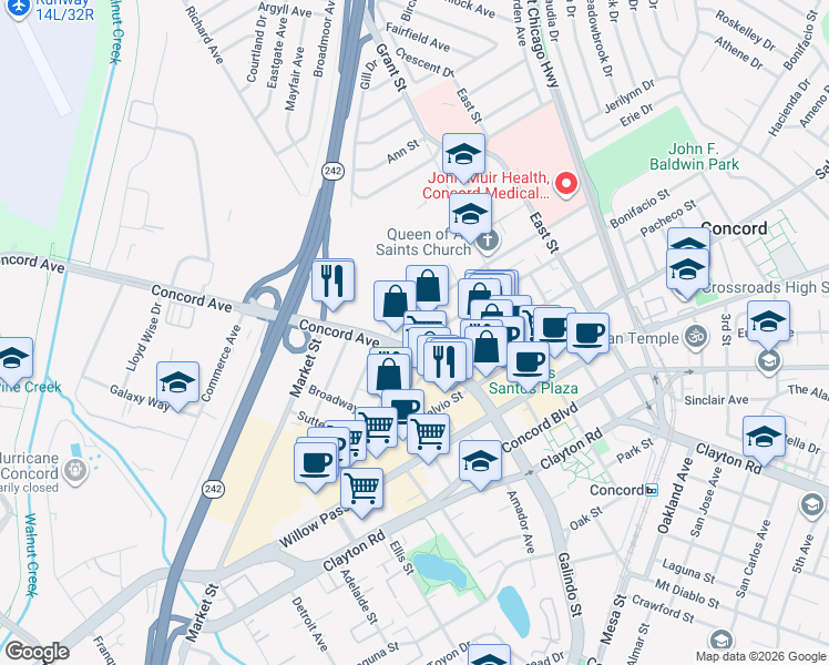 map of restaurants, bars, coffee shops, grocery stores, and more near 1965 Bonifacio Street in Concord