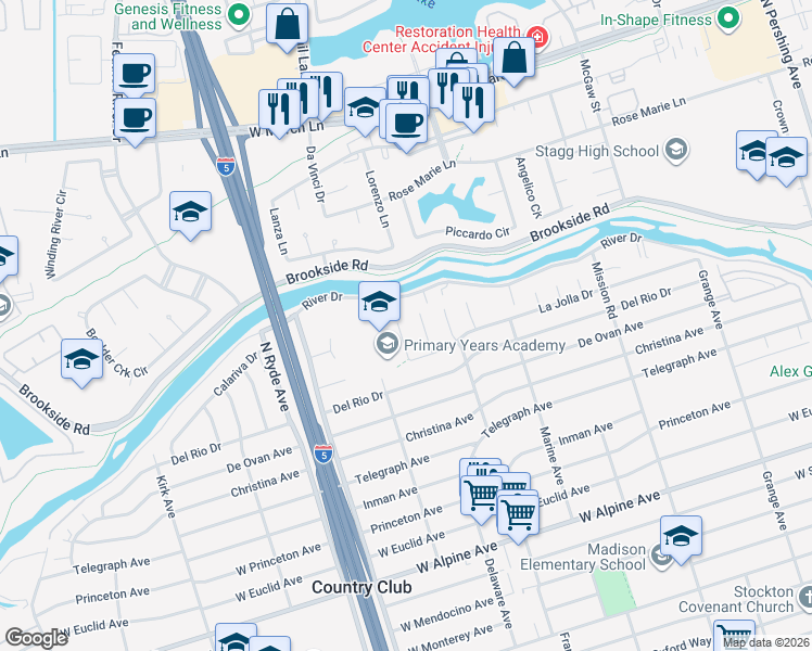 map of restaurants, bars, coffee shops, grocery stores, and more near 3935 La Jolla Drive in Stockton
