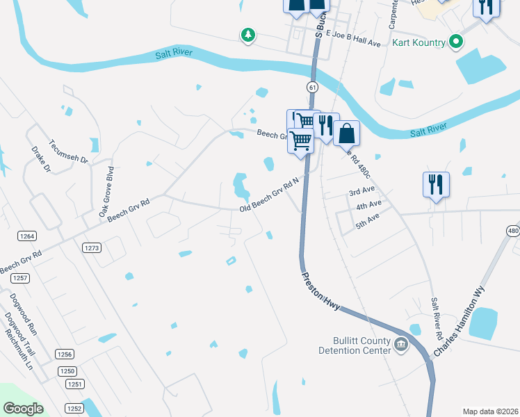 map of restaurants, bars, coffee shops, grocery stores, and more near 289 Beech Grove Road in Shepherdsville