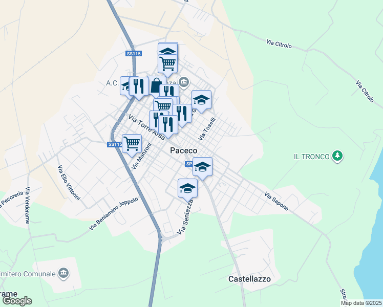 map of restaurants, bars, coffee shops, grocery stores, and more near 100 Via Torre Arsa in Paceco