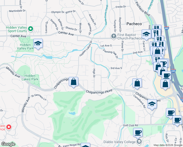map of restaurants, bars, coffee shops, grocery stores, and more near 168 High Street in Pacheco