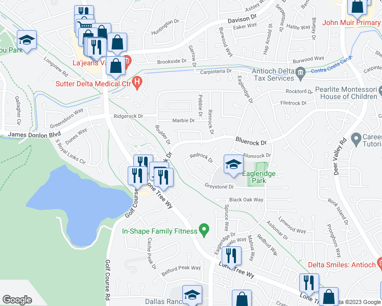 map of restaurants, bars, coffee shops, grocery stores, and more near 321 Redrock Drive in Antioch
