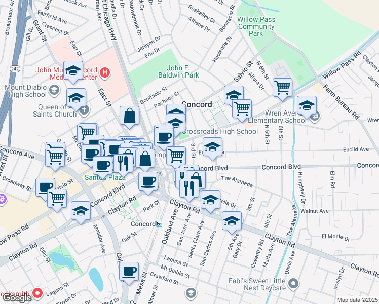 map of restaurants, bars, coffee shops, grocery stores, and more near 1863 3rd Street in Concord