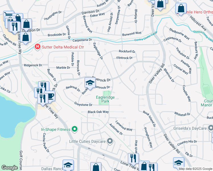 map of restaurants, bars, coffee shops, grocery stores, and more near 701 Alumrock Drive in Antioch
