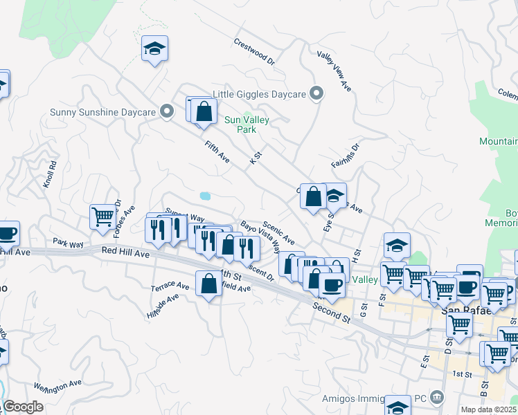map of restaurants, bars, coffee shops, grocery stores, and more near 36 Leafwood Circle in San Rafael