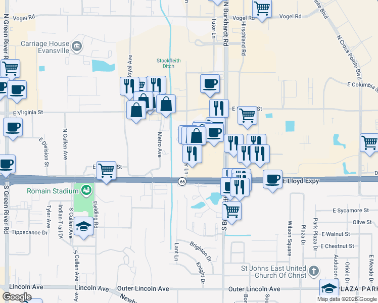map of restaurants, bars, coffee shops, grocery stores, and more near 6220 East Lloyd Expressway in Evansville