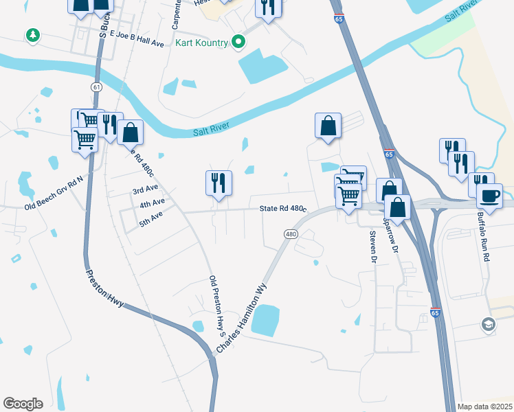 map of restaurants, bars, coffee shops, grocery stores, and more near 635 Cedar Grove Road in Shepherdsville