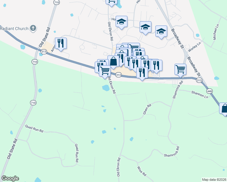 map of restaurants, bars, coffee shops, grocery stores, and more near 1446 Old Ekron Road in Brandenburg