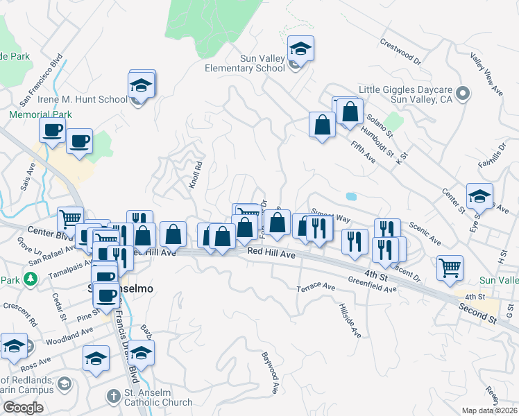 map of restaurants, bars, coffee shops, grocery stores, and more near 121 Hilldale Drive in San Anselmo