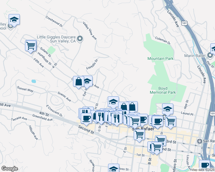map of restaurants, bars, coffee shops, grocery stores, and more near 15 Quarry Road in San Rafael