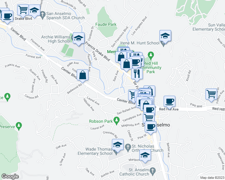 map of restaurants, bars, coffee shops, grocery stores, and more near 73 Sais Avenue in San Anselmo