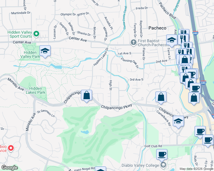 map of restaurants, bars, coffee shops, grocery stores, and more near 168 High Street in Pacheco
