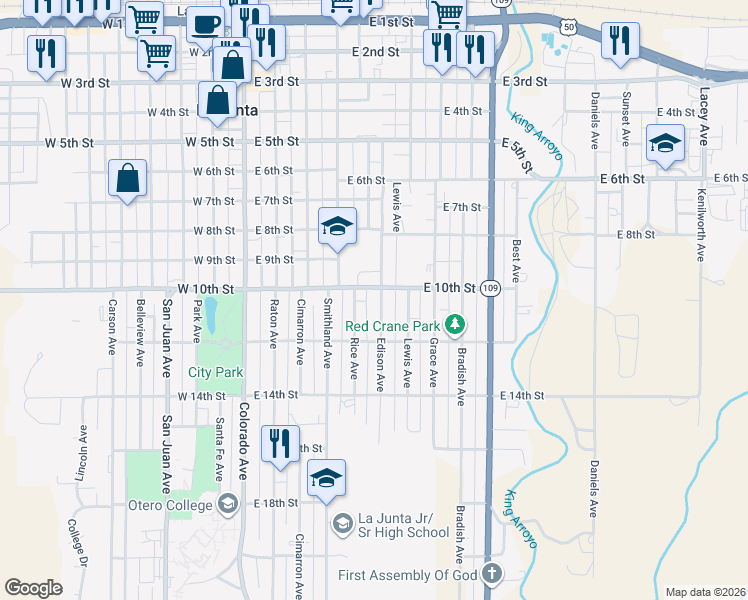 map of restaurants, bars, coffee shops, grocery stores, and more near 1006 Edison Avenue in La Junta