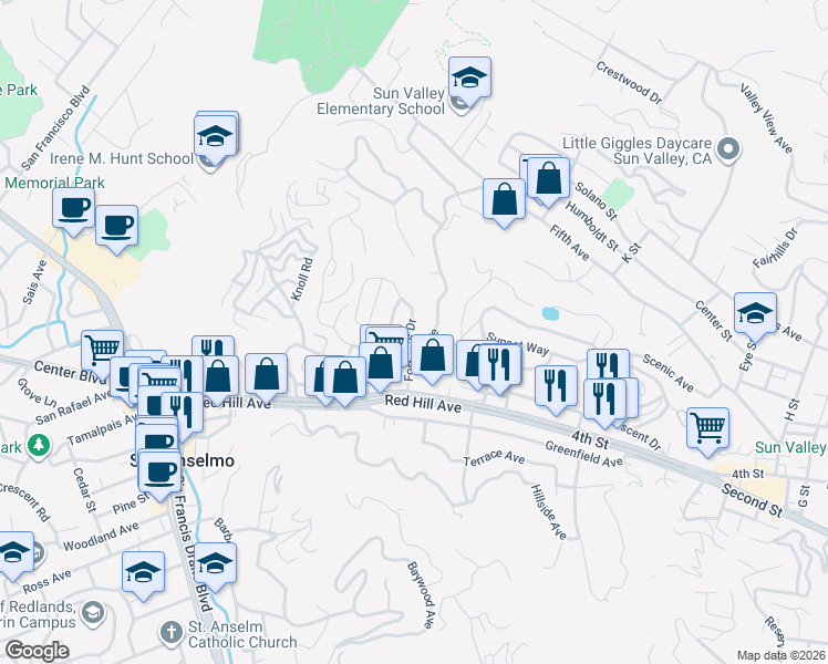 map of restaurants, bars, coffee shops, grocery stores, and more near 121 Hilldale Drive in San Anselmo