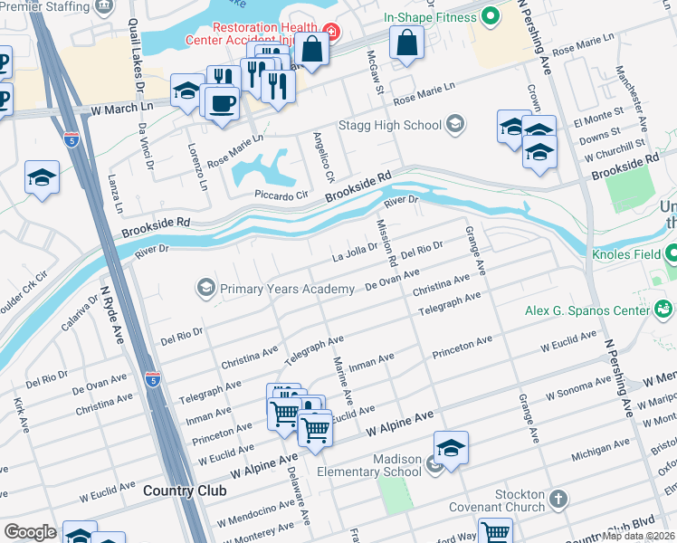 map of restaurants, bars, coffee shops, grocery stores, and more near 2037 Del Rio Drive in Stockton