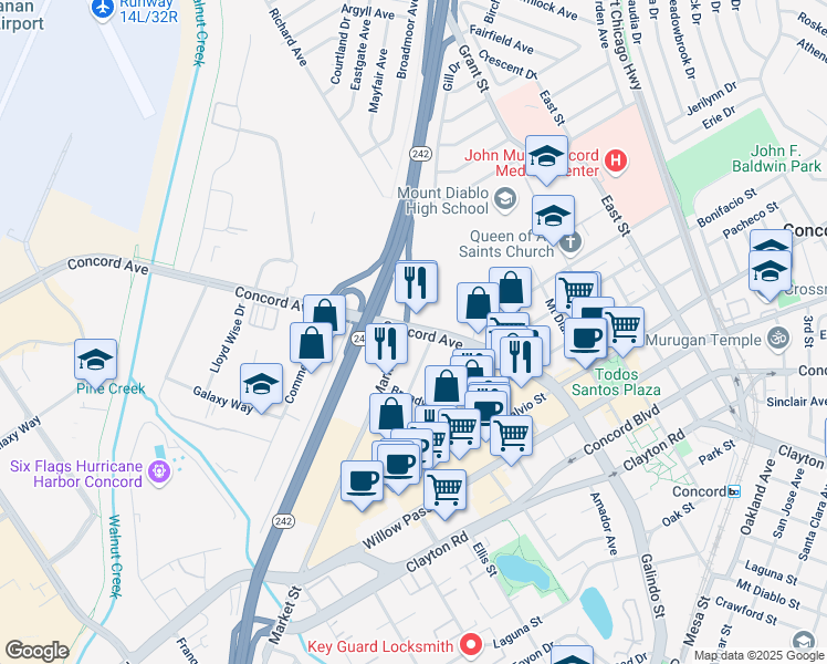 map of restaurants, bars, coffee shops, grocery stores, and more near 1500 Concord Avenue in Concord