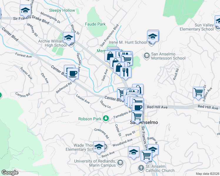 map of restaurants, bars, coffee shops, grocery stores, and more near 22 Nokomis Avenue in San Anselmo