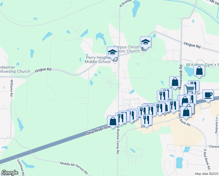map of restaurants, bars, coffee shops, grocery stores, and more near 121 South Boehne Camp Road in Evansville