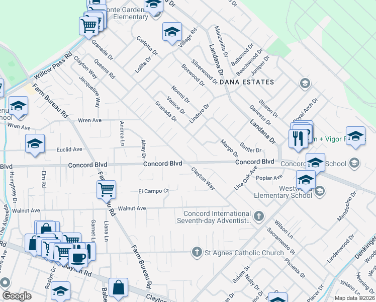 map of restaurants, bars, coffee shops, grocery stores, and more near 1806 Clayton Way in Concord